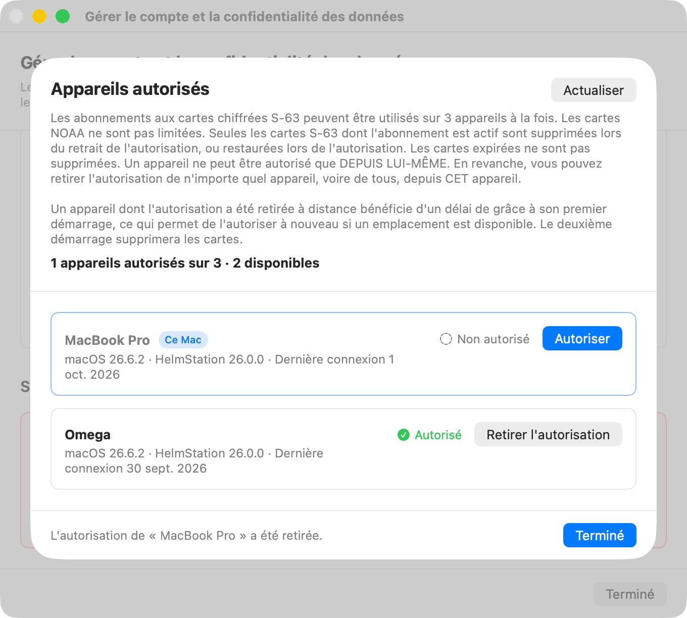 Appareils autorisés après le retrait de l'autorisation de Ce Mac, avec Non autorisé et le bouton Autoriser