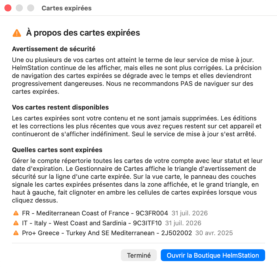 Fenêtre À propos des cartes expirées listant deux cartes expirées