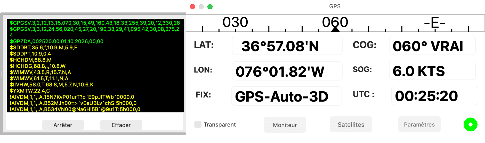 Fenêtre GPS avec le tiroir du moniteur ouvert, montrant des phrases vertes et jaunes