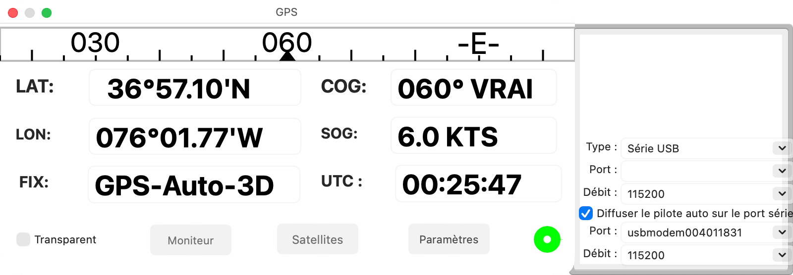 Tiroir des paramètres GPS avec Diffuser le pilote auto sur le port série coché