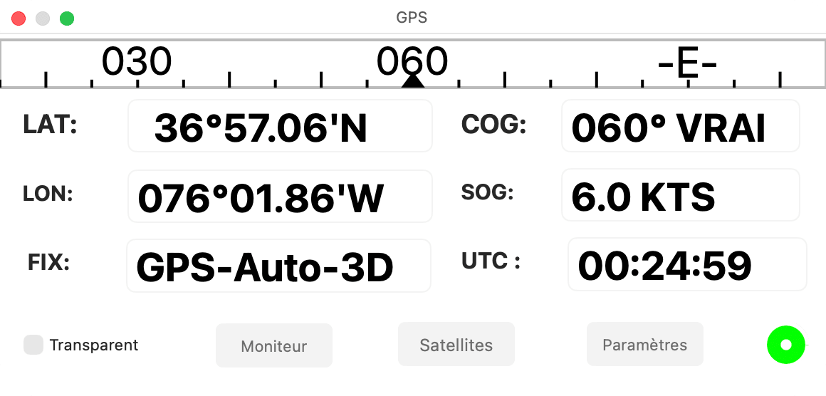 Fenêtre GPS avec une position valide et le compas affichant la route fond