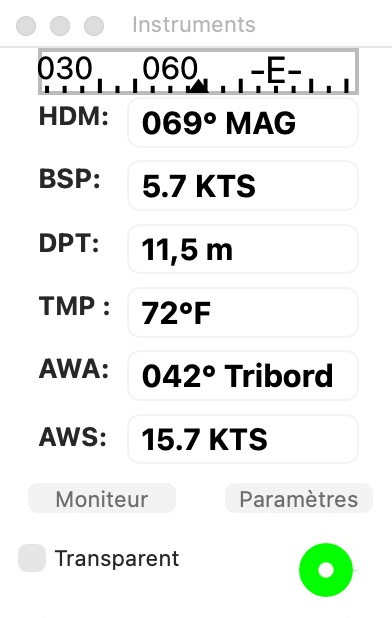 Fenêtre Instruments avec toutes les mesures et le compas affichant le cap