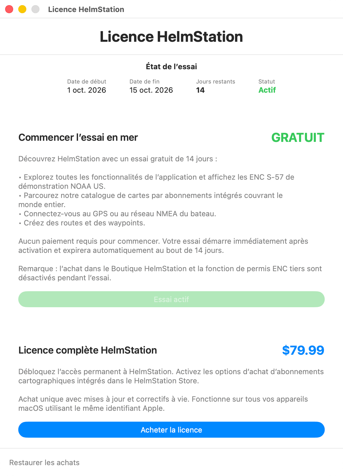 fenêtre Licence HelmStation pendant un essai en mer actif, avec l'encadré État de l'essai au-dessus des options de licence