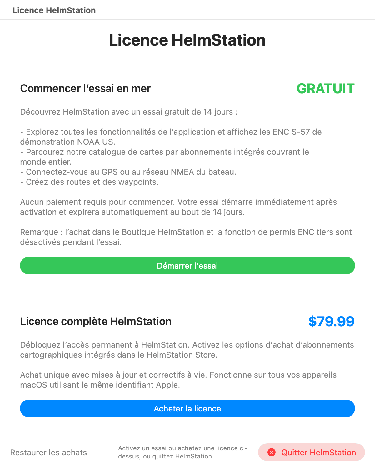 fenêtre Licence HelmStation sans licence, avec les encadrés Commencer l'essai en mer et Licence complète HelmStation