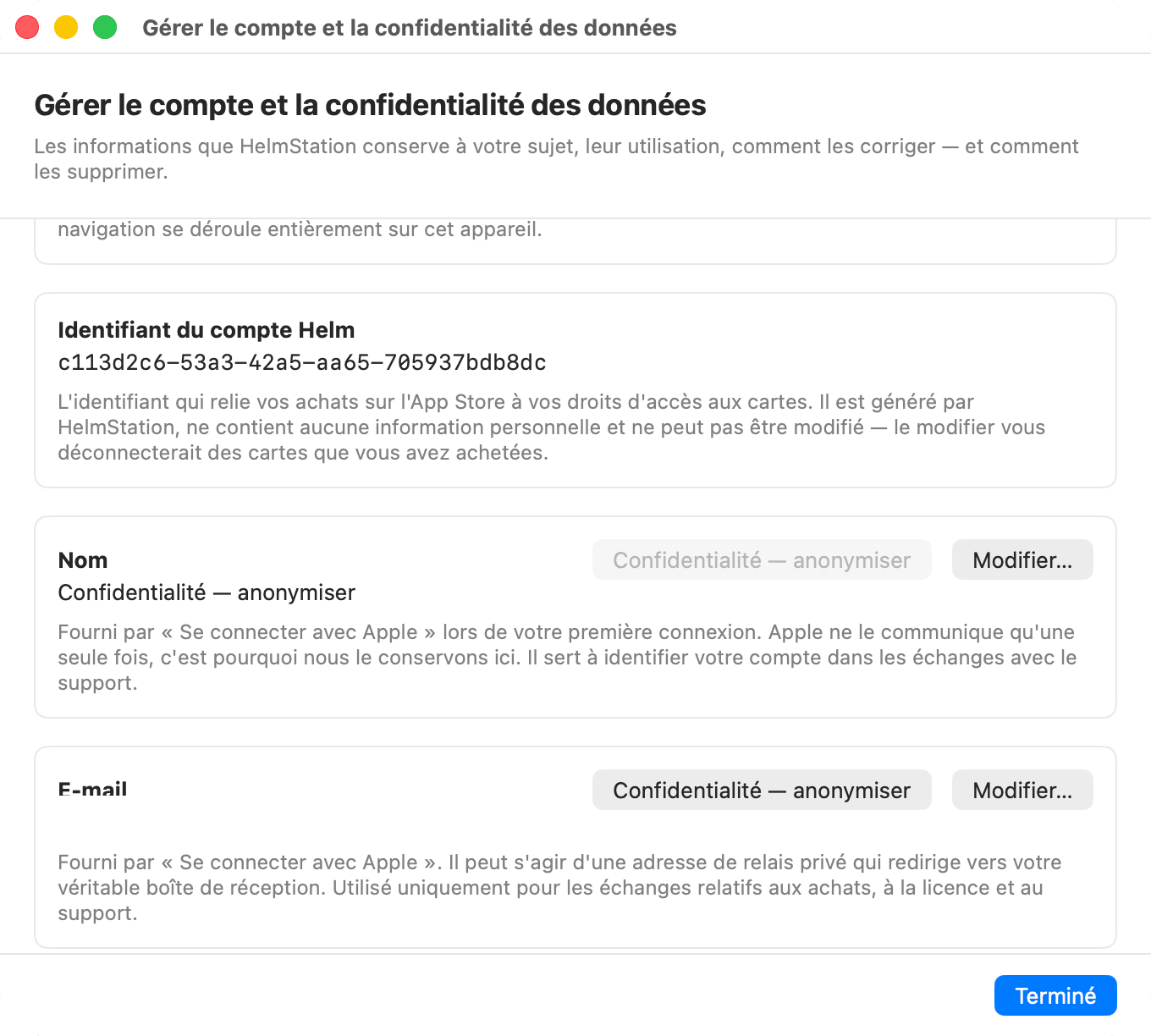 Fenêtre Gérer le compte et la confidentialité des données, section Vos données