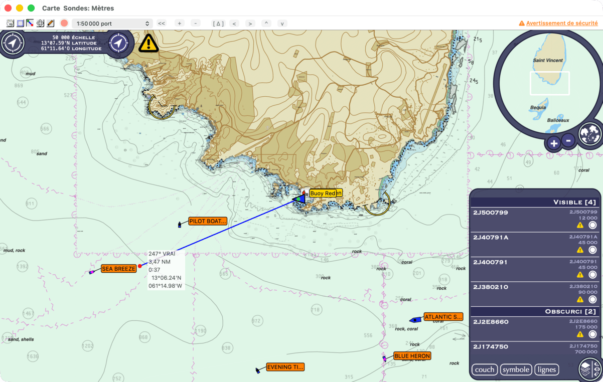 fenêtre de la carte en mode Mesure pendant un glissement, ligne bleue partant du bateau, avec l'affichage à côté du pointeur