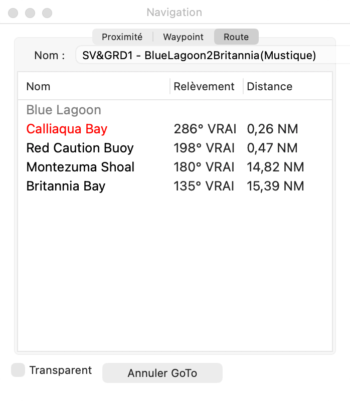 Fenêtre Navigation, onglet Route pendant le suivi d'une route
