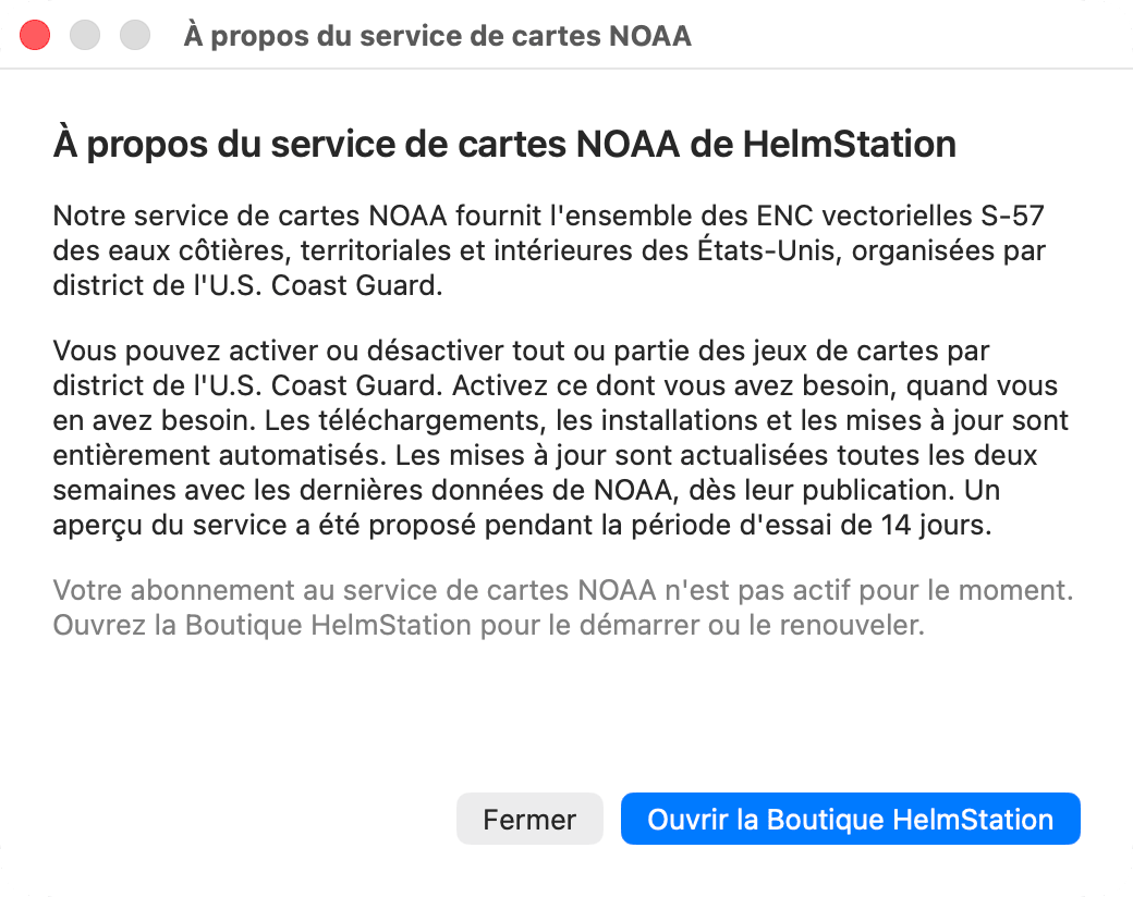 fenêtre À propos du service de cartes NOAA, abonnement inactif
