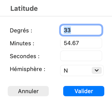 Fenêtre Saisie position pour une latitude