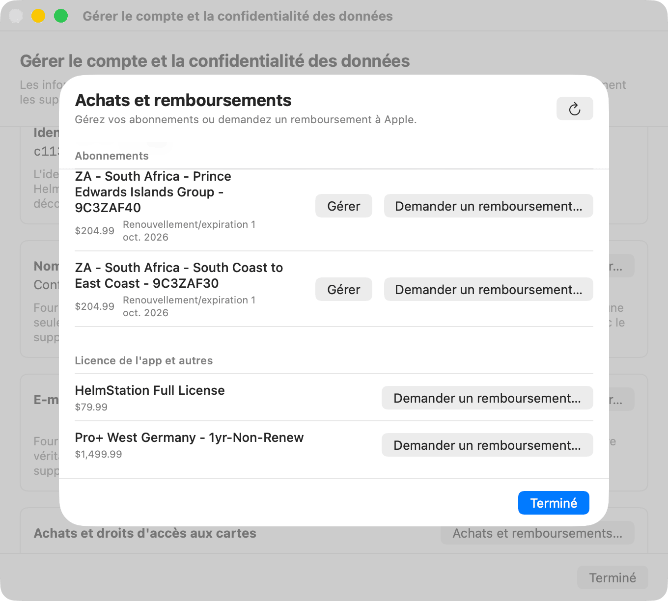 Feuille Achats et remboursements listant un abonnement aux cartes et la licence complète