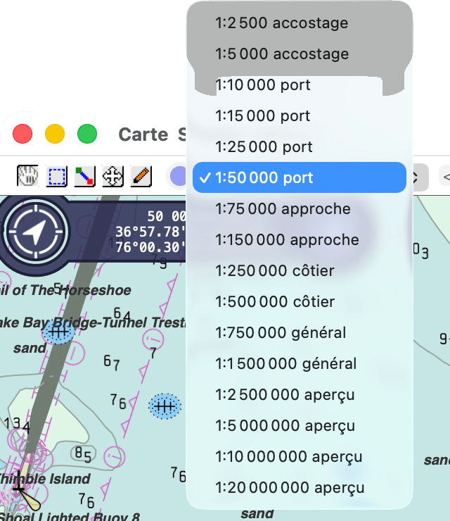 menu des échelles de la barre d'outils, ouvert