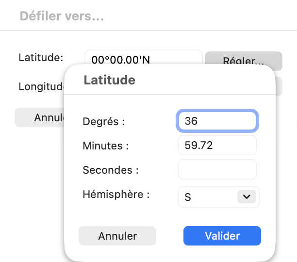 fenêtre Défiler vers... avec la fenêtre Latitude ouverte devant elle