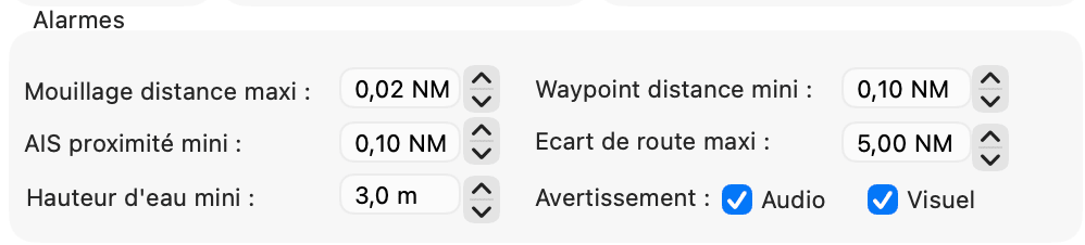 Fenêtre Réglages, groupe Alarmes