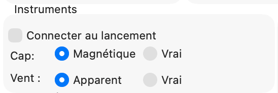 Fenêtre Réglages, groupe Instruments