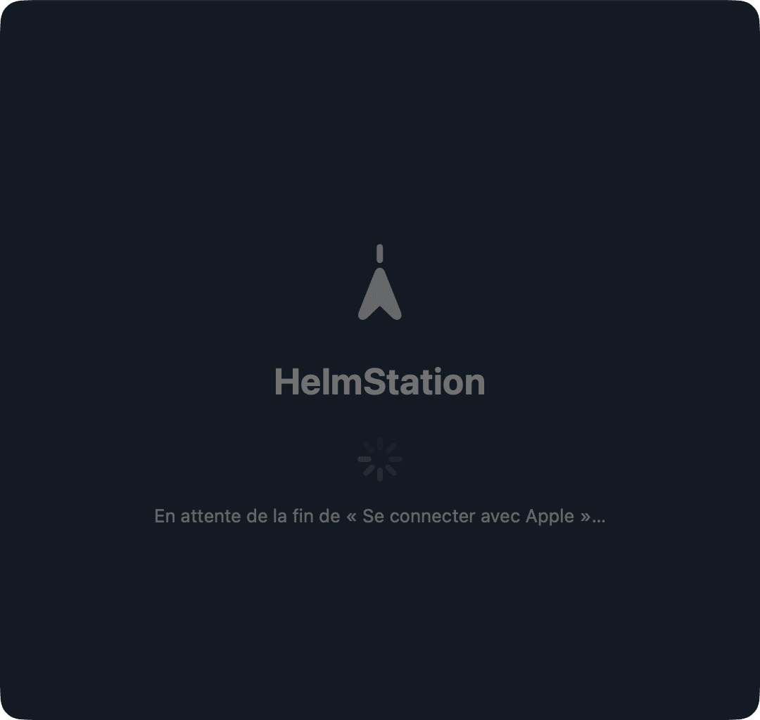 fenêtre de connexion de HelmStation en attente de « Se connecter avec Apple »
