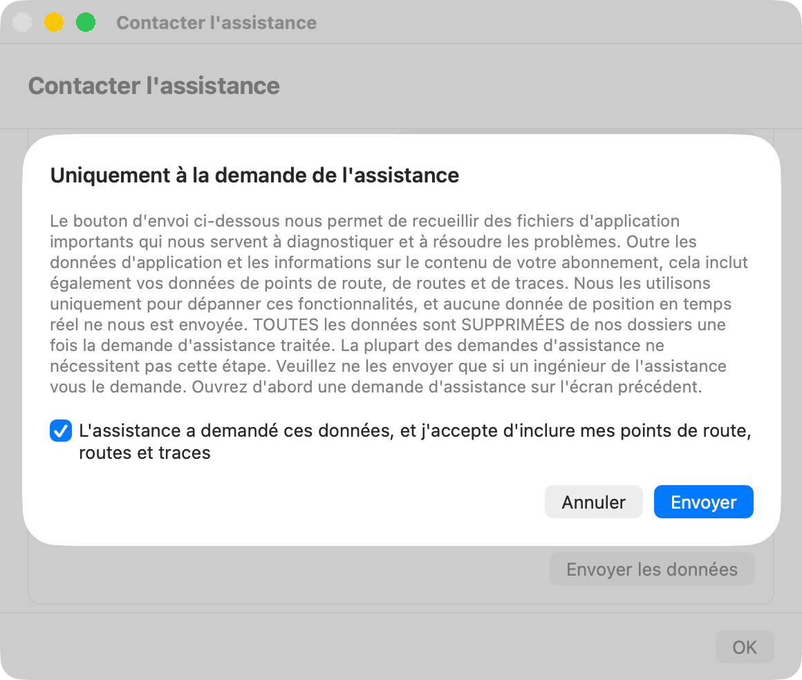 Feuille Uniquement à la demande de l'assistance, case cochée, bouton Envoyer disponible