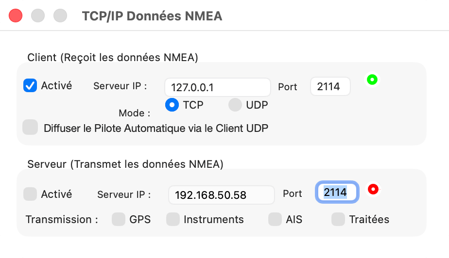 Fenêtre TCP/IP Données NMEA, client activé et connecté