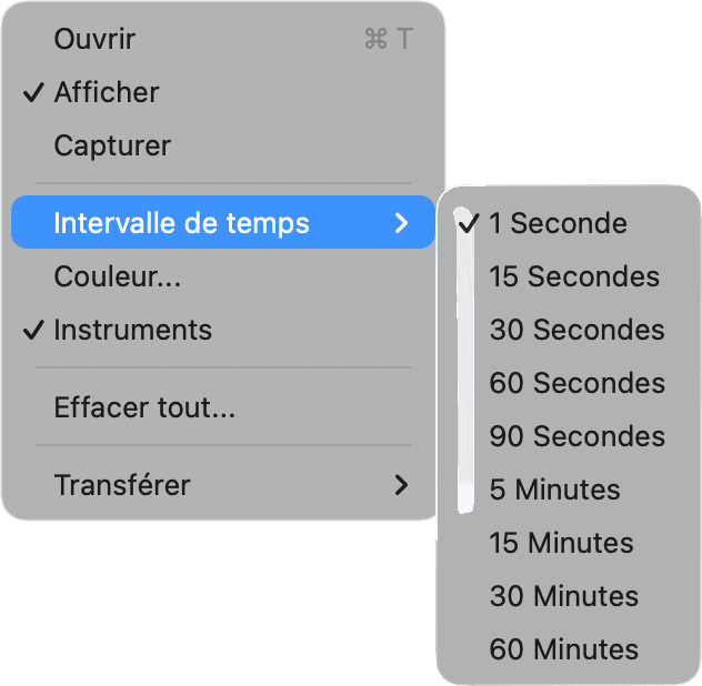 Menu Traces avec le sous-menu Intervalle de temps ouvert