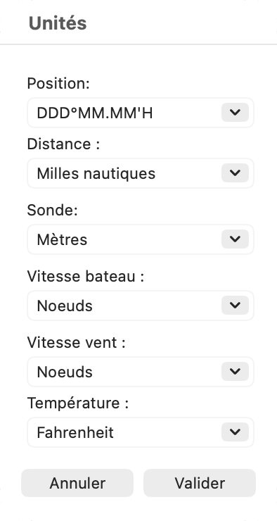 Fenêtre Unités