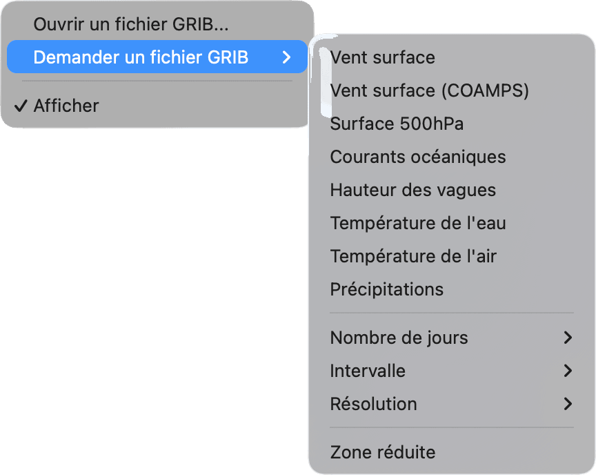Menu Météo avec le sous-menu Demander un fichier GRIB ouvert