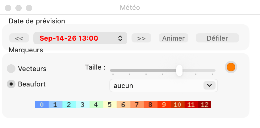 Fenêtre Météo avec un fichier GRIB de vent et de pression ouvert, Beaufort sélectionné